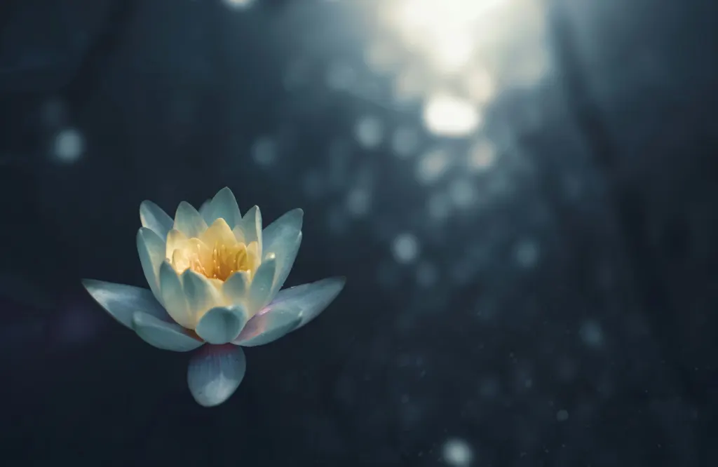 Fleur de lotus crème au cœur d’or sur l’eau bleu nuit
